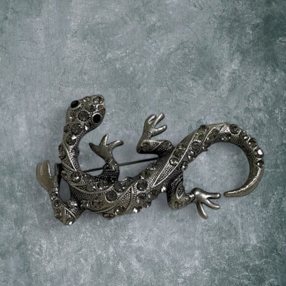 Vintage Silver Tone Rhinestone Lizard Brooch Pin 3 in, Gecko - Picture 5 of 11